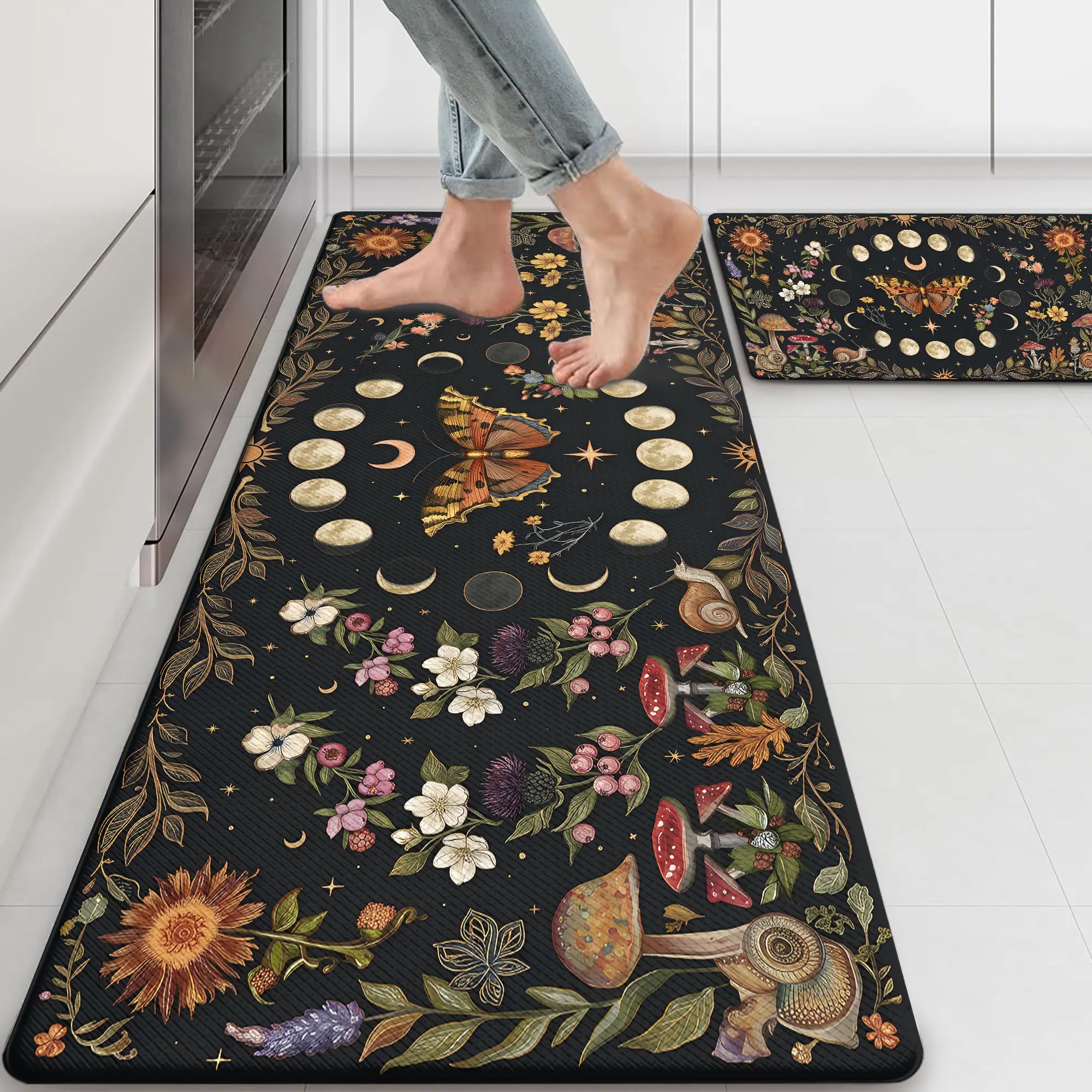 Butterfly Animals Themed Washable Kitchen Rugs Set of 2 - Cushioned Anti-Fatigue Memory Foam Anti-Slip Waterproof Indoor Rugs (74"l x 44"w & 2 Sizes) for Kitchen, Office, Indoor Use
