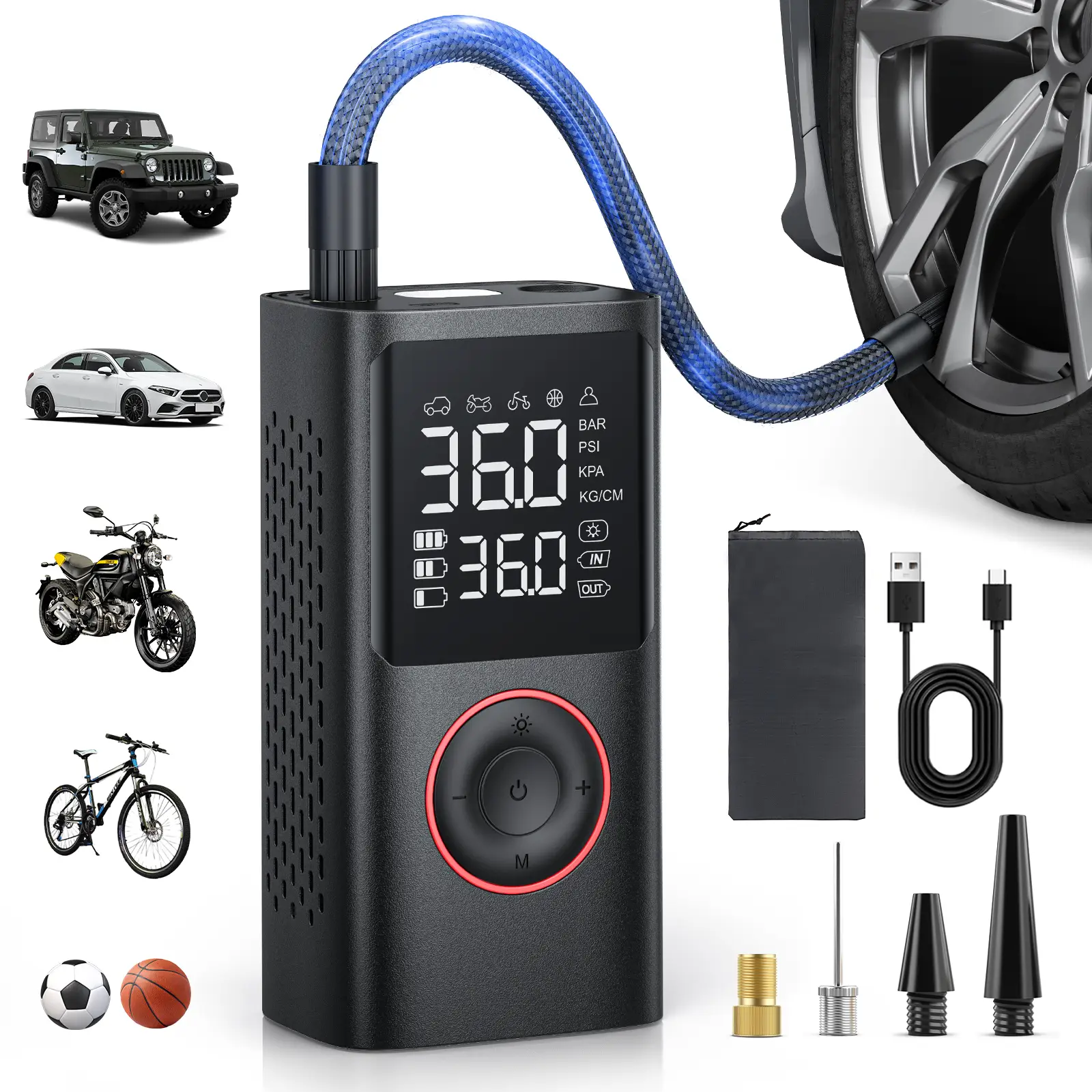 Powools Cordless Tire Inflator Portable Air Compressor with Large Capacity Battery Wireless Digital Display Enhanced Safety Features for Cars & Infla