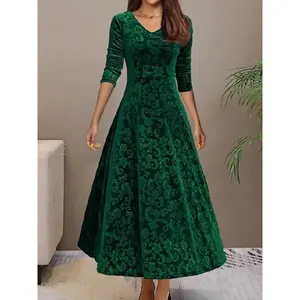 Women's autumn velvet dress long sleeved slim fit V-neck casual style, elegant women's autumn fashion clothing