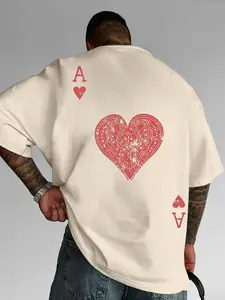Men's Classic Letter Heart Pattern Print Long T-Shirt, Summer Round Neck Short Sleeve Casual Comfort Top, Outdoor Wear, Streetwear, Breathable