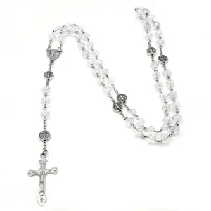 Crystal Beaded Rosary Necklace With Cross Pendant, Catholic Religious Long Chain Jewelry, Adult Accessory for Baptism, Religious Occasions And Daily Gifting