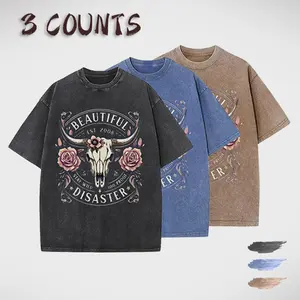 Men’s summer 3-pack Western-style short-sleeve T-shirts, distressed wash finish, rose skull print, loose straight fit, street fashion/casual tops