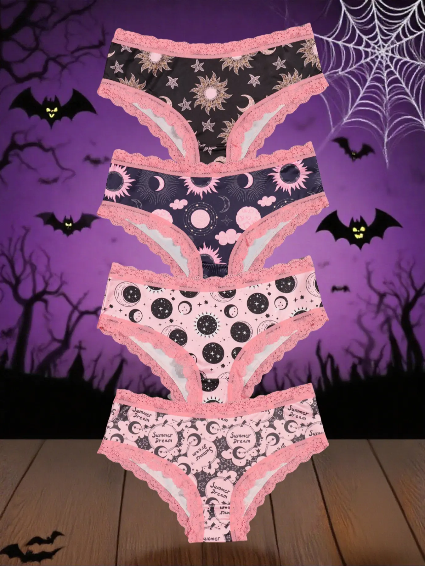 Morvia 4pcs Sexy Cute Gothic Halloween Contrast Lace Hipster Panties, Allover Print Comfy Intimates Briefs Panties, Women's Underwear & Lingerie, Trim Lace Fitted Panty