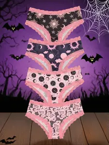 Morvia 4pcs Sexy Cute Gothic Halloween Contrast Lace Hipster Panties, Allover Print Comfy Intimates Briefs Panties, Women's Underwear & Lingerie, Trim Lace Panty