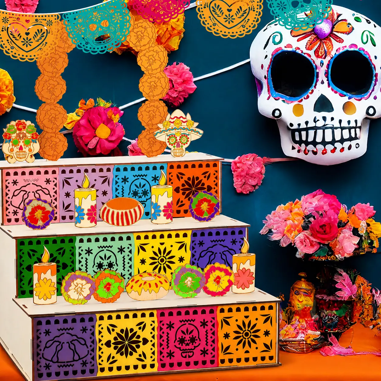 Day of the Dead altar used in a colorful seasonal setting