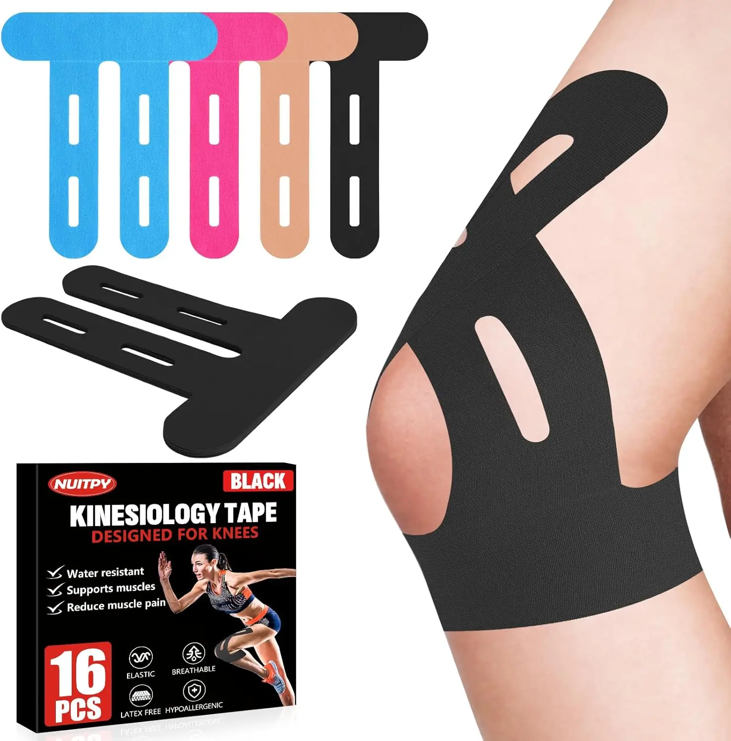 16 Pcs Kinesiology Tape for Knees, Pre Cut Knee Support & Stability, Elastic, Breathable, Latex-Free Pain Relief Athletic Tape for Knee - Black
