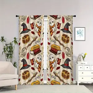 Interior curtains featuring elements such as magic hats, quills, and owls are available. They are soft, provide blackout and insulation, and are suitable for home décor.