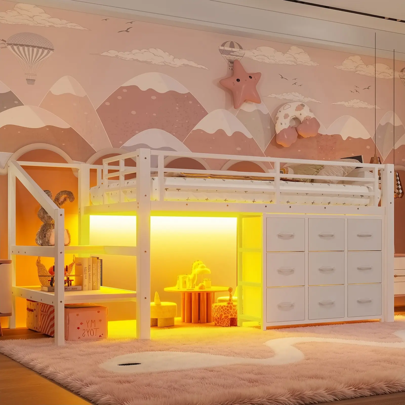 Twin Metal Loft Bed Frame with Storage Drawers, Ladder, No Box Spring Needed and Space-Saving Design, Pink/White