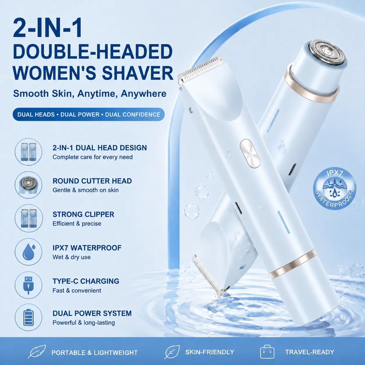 2-in-1 Dual Head Women's Electric Shaver - IPX7 Waterproof Wet & Dry Painless Lady Razor for Legs, Underarms, Bikini & Face intimate body groomer travel gift removable woman pubic hair blade