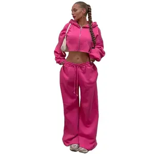 Women's Solid Zip Up Crop Drawstring Long Sleeve Hoodie & Drawstring Waist Sweatpants Two-piece Set, Casual Fashion Cozy Breathable Two Piece Outfits for Daily Outdoor Wear, Women Clothes for Fall & Winter, Lady Matching Outfits, Womenswear