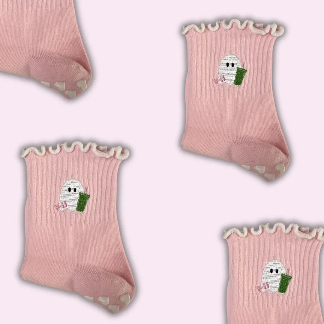 Molly Grace GripSocks SPOOKY SEASON Light pink ruffle ghost with matcha and pink weight embroidered Halloween non slip grip socks for Pilates, Lagree, barre and yoga
