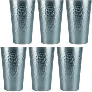 16oz Hammered Gray Anodized Aluminum Cups Set of 6, Lightweight Metal Drinking Tumblers, Shatterproof Reusable Metal Cups for Gifting & Daily Drinks