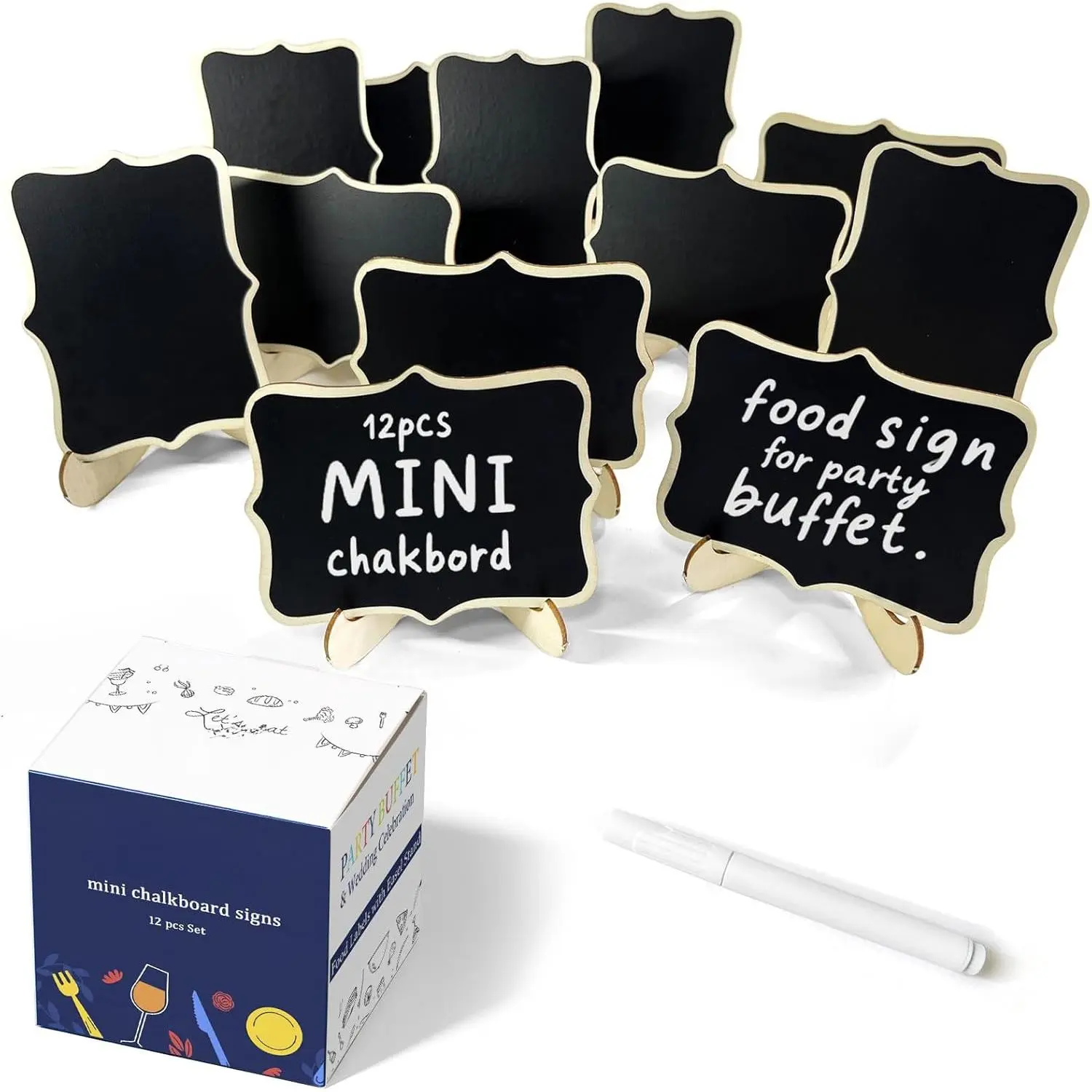 12 pieces of mini chalkboard signs with stands, party buffet food labels, wedding table food labels/business cards, name tags, drink labels, taco/candy bar/bakery food signs, catering supplies for self-service display Decor Black