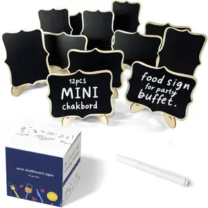 12 pieces of mini chalkboard signs with stands, party buffet food labels, wedding table food labels/business cards, name tags, drink labels, taco/candy bar/bakery food signs, catering supplies for self-service display