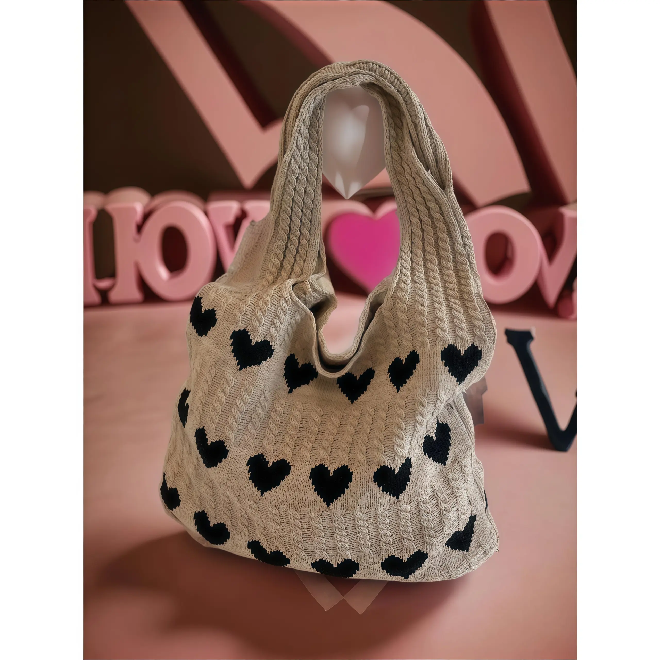 Women's Heart Pattern Crochet Tote - Large 2026 Summer Beach Bag, High-Quality Stylish Versatile Sporty Gym Accessory for Daily Sports & Outdoor Use tiktokshopspringglowup,summervibes outdoorfun, Stylish Versatile Bag, Sporty Gym Bags