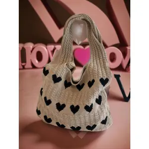 Women's Heart Pattern Crochet Tote Bag, Large Summer 2026 Beach Shoulder Bag, Trendy High-Quality Everyday Bag for Daily Use
