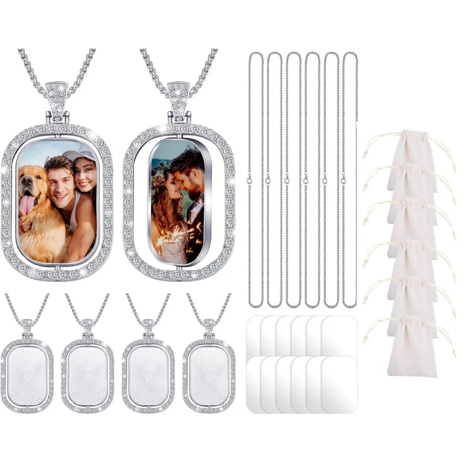 30 Pack Silver Sublimation Rhinestone Trays Pendant Set Including 6 Double Sided Blank Rhinestone Bezel Trays 6 Thick Chains 6 Storage Bags with 12 Sublimation Discs for Making - Home Improvement.