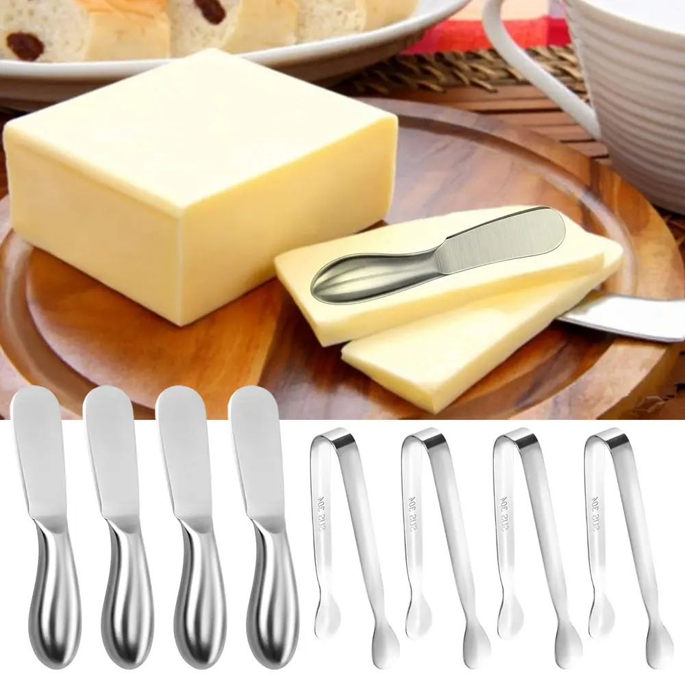 Stainless Steel Butter & Cheese Spreader Knife Set with Mini Serving Tongs - Durable Kitchenware Utensils for Cold Butter, Jam, Charcuterie Boards