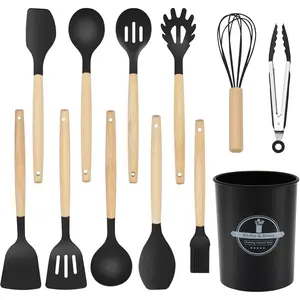 12-Piece Silicone Kitchen Utensils Set with Wooden Handle, Non-Stick & Heat Resistant Cooking Utensils (446 ° F), Includes Spatula, Spoon, Turner, Tongs, Whisk, Great for Home Cooks-Black
