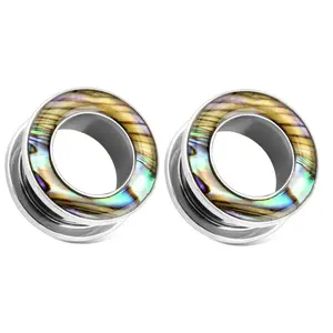 Pair Surgical Steel Abalone Shell Screw Fit Steel Tunnels Ear Plugs Gauges