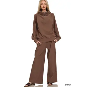 Zenana Ribbed High Neck Half Zip Pullover & Pants Set