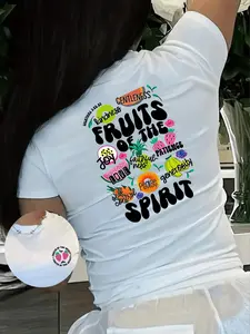 Women's Fruit & Letter Print Round Neck Tee, Casual Short Sleeve Crew Neck T-Shirt for Daily Wear, Ladies Clothes for All Seasons