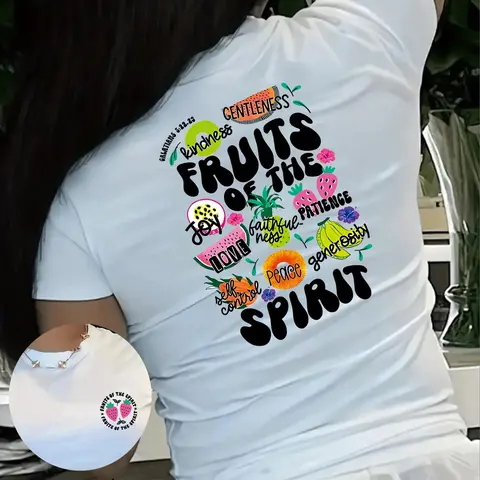 Women's Fruit & Letter Print Round Neck Tee, Aesthetic Fruit Tee, Casual Short Sleeve Crew Neck T-Shirt for Daily Wear, Ladies Clothes for All Seasons