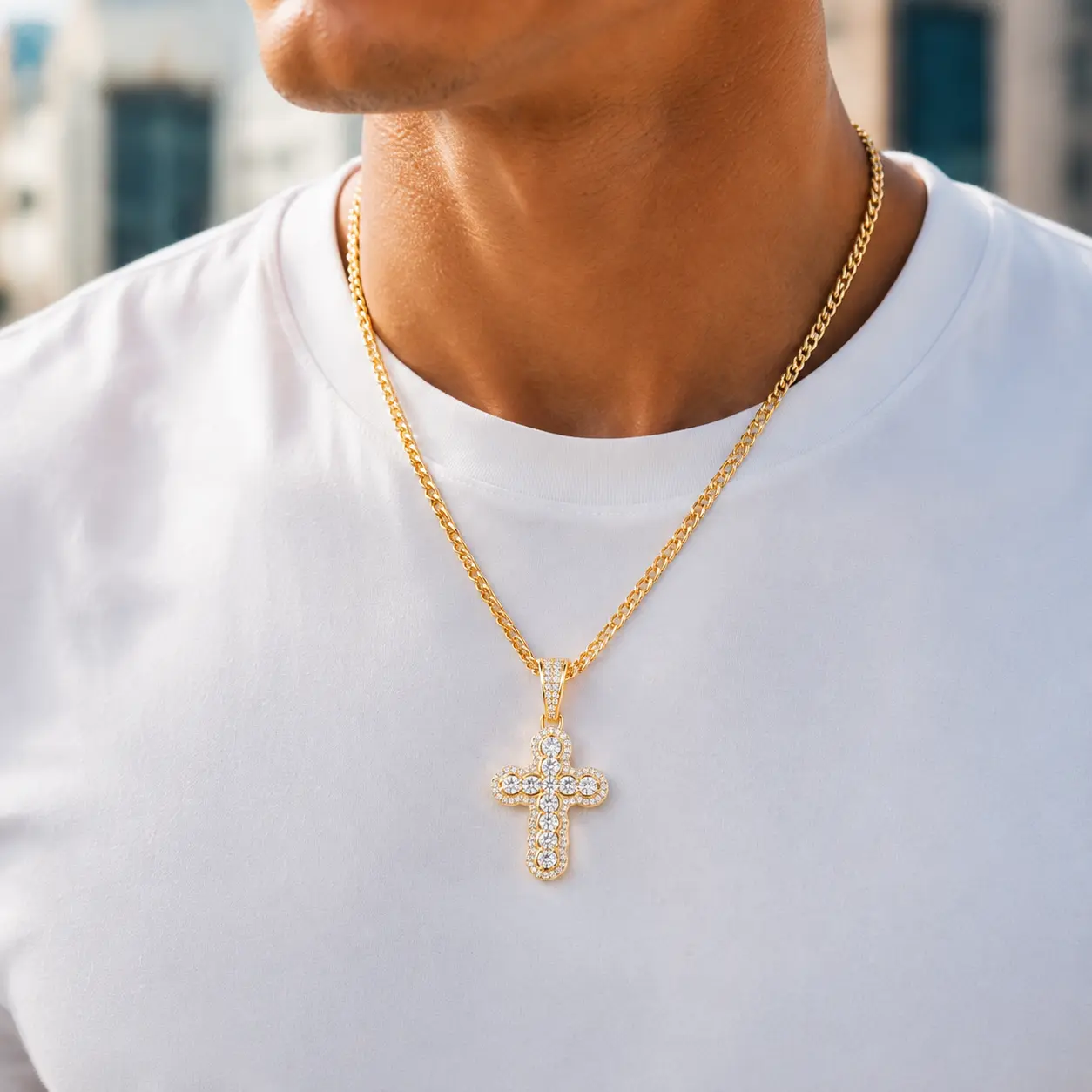 【AMKMAX】14K Gold Plated Iced Cross Necklace with Cuban Chain, 5A Cubic Zirconia, Hypoallergenic, Water & Sweat Resistant, Unisex Christian Faith Jewelry y2k accessories gifts girls graduation stack style luxurious pendant mom birthday woman elegant