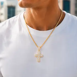 【AMKMAX】14K Gold Plated Iced Cross Necklace with Cuban Chain, 5A Cubic Zirconia, Hypoallergenic, Water & Sweat Resistant, Unisex Christian Faith Jewelry y2k accessories gifts girls graduation stack