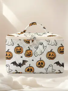 Ghost Pumpkin Print Travel Makeup Bag, Large Capacity Cosmetic Organizer, Cute Fashionable Brush Holder, All Season Portable Storage Box, Makeup Organizer Pouch, Travel Cosmetic Bags