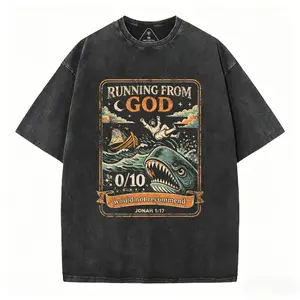Retro Faded Funny "Running From God" Jonah & Whale Christian Graphic T-Shirt | Heavyweight Cotton Oversized Y2K Streetwear Unisex Casual Tee for Men and Women