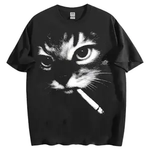 Double-sided Print Men's Funny Smoking Cat Graphic Heavyweight Cotton Vintage Washed Black Tee with Tabby Cat & Cigarette Print Streetwear Round Neck Short Sleeve Shirt for Men Ideal Gift for Smokers
