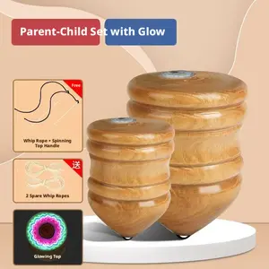 Two-piece set of luminous wooden spinning tops, wooden fitness solid wood luminous top toy, traditional large spinning top for adults with special whip rope