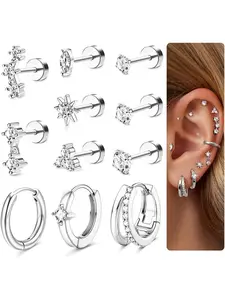 11Pcs Flat Back Earrings For Women Helix Piercing Steel Tragus Piercing Hypoallergenic Gold/Silver Stud Hoop Earrings Set Ear Studs Daith Conch Cartilage Piercing Jewellery