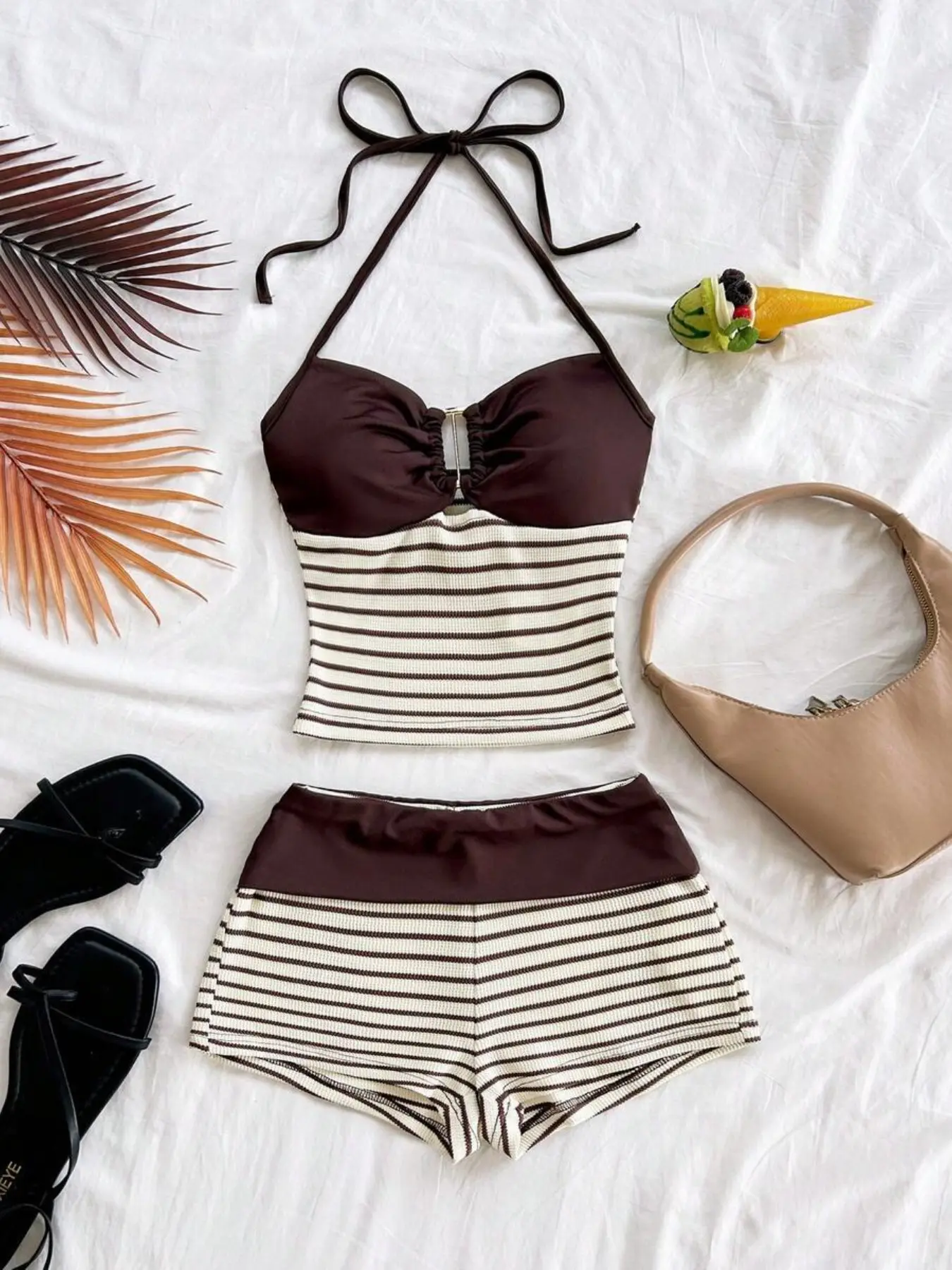2-Piece Vacation Set, Knitted Fashion Set, Striped Knit Sleeveless Top with Metal Buckle, Boho Style, Perfect for Parties, Dates, Nightclubs, Fall Fashion, Clothes