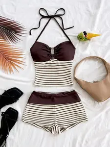 2-Piece Vacation Set, Striped Knit Sleeveless Top with Metal Buckle, Boho Style, Perfect for Parties, Dates, Nightclubs, Fall Fashion, Clothes