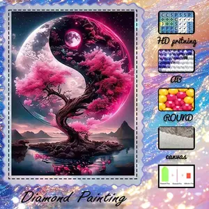 DIY 5D Diamond Painting Kit, Flocking Cloth, AB Drill, Fairy Dust Drill, Crystal Drill, Tree, Moon, Yin-Yang, Diamond Embroidery, Unique Craft Diamond Art Set, Wall Decor, Gift for Family, Lovers, Friends, Handicraft, Handcraft