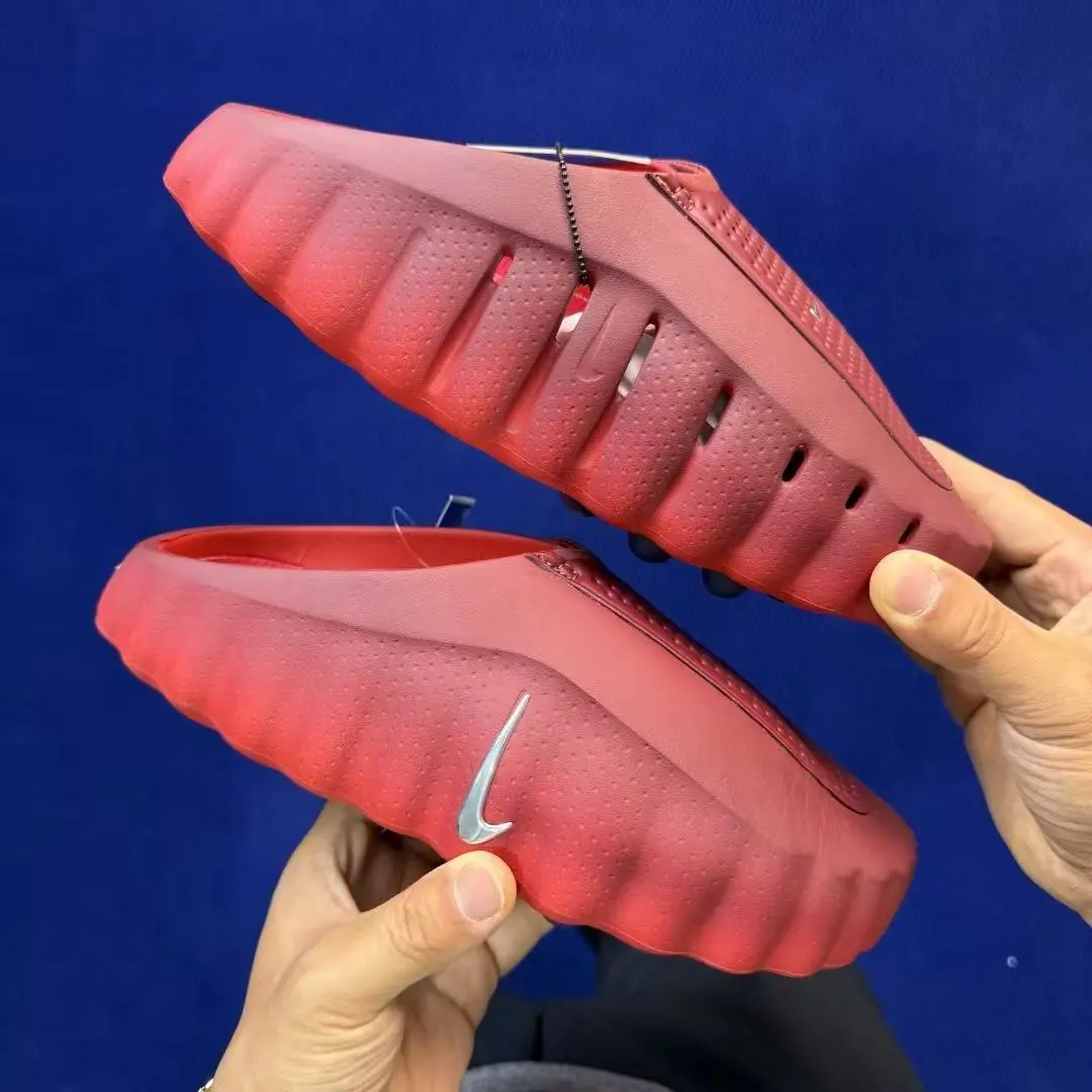 Gradient Red Hollow EVA Slip On Slide Sandals, Wavy Ridged Upper Perforated Breathable Quick Dry Anti-Slip Shower Pool Casual Footwear Unisex