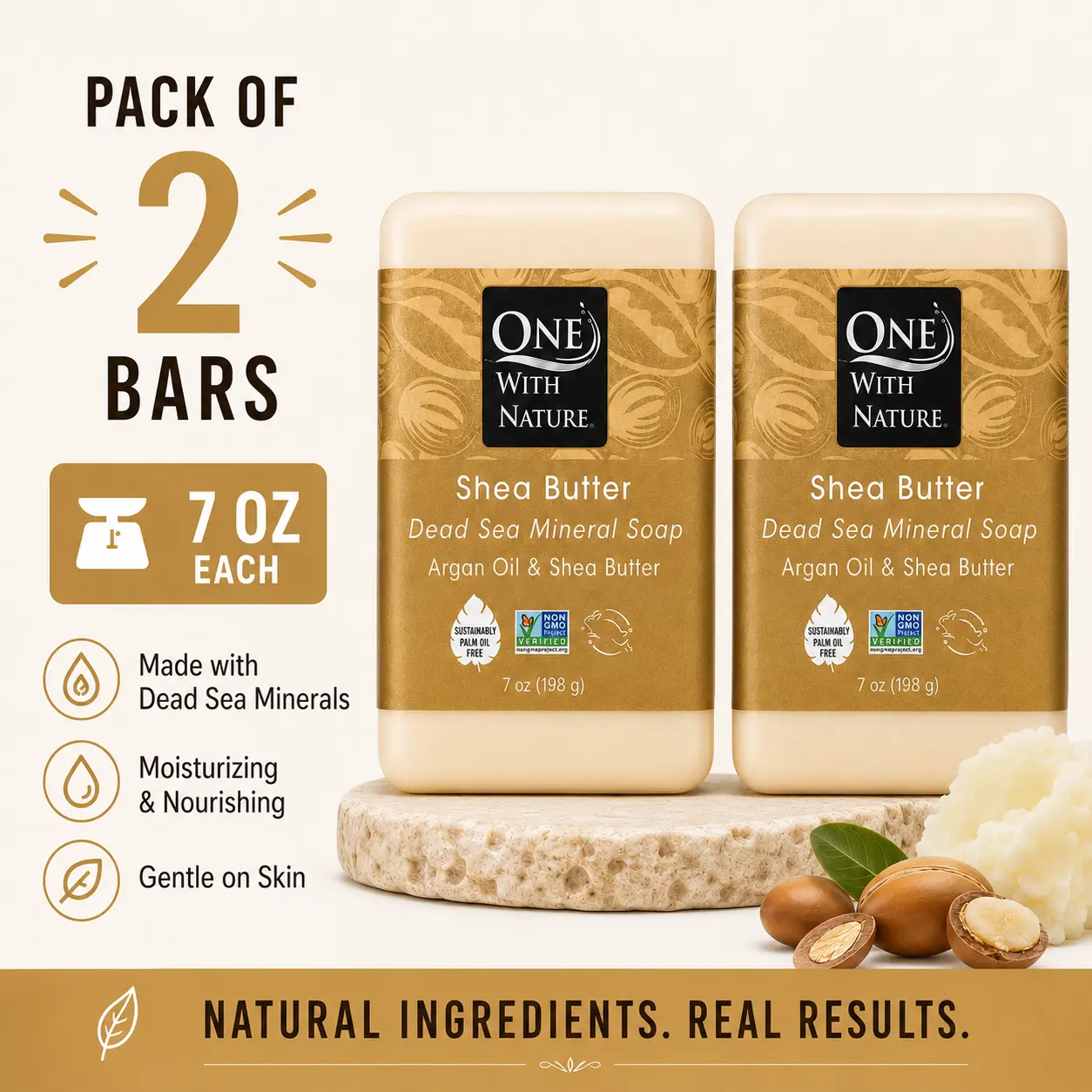 Pack of 2 - With Nature Dead Sea Mineral Bar Soap, Shea Butter, Argan Oil, 7 oz (198 g) Each, Scent-Free, 100% Authentic Body Care Cleanser for Bath & Shower