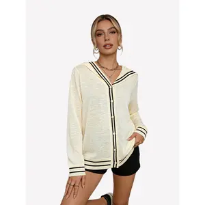 Chouyatou Women's Striped Trim Hooded Knit Cardigan Lightweight Cover-up Long Sleeve Button Down Casual Top