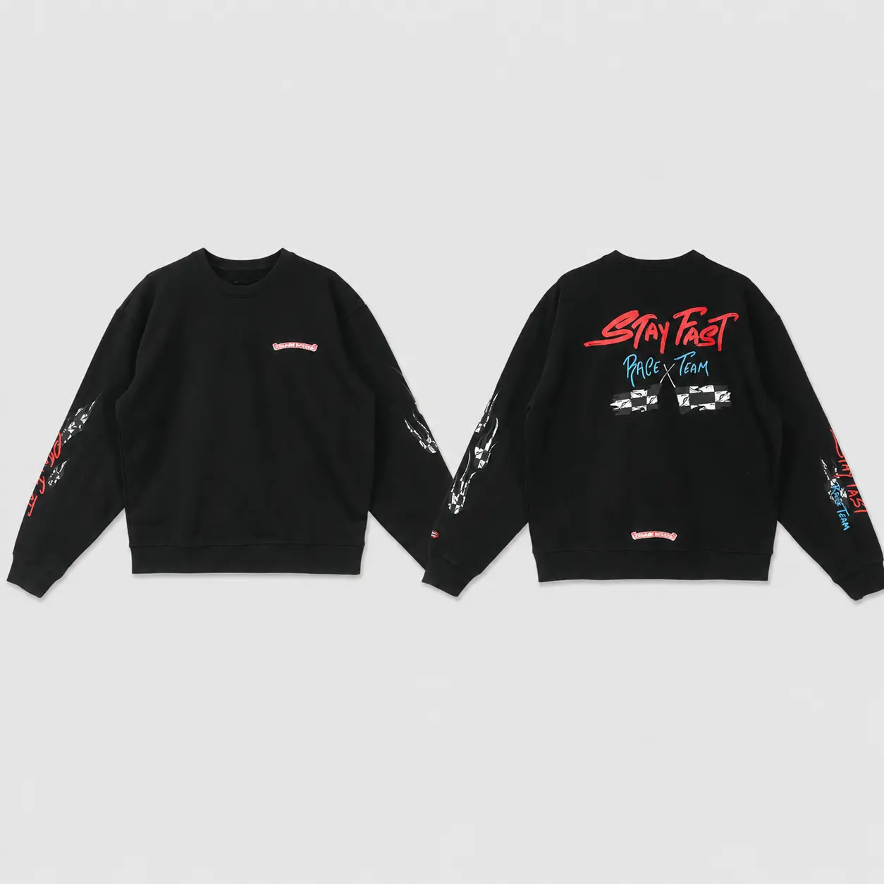 Stay Fast Race Team Graphic Crewneck Sweatshirt, Racing Inspired Back Print, Motorsport Streetwear Pullover