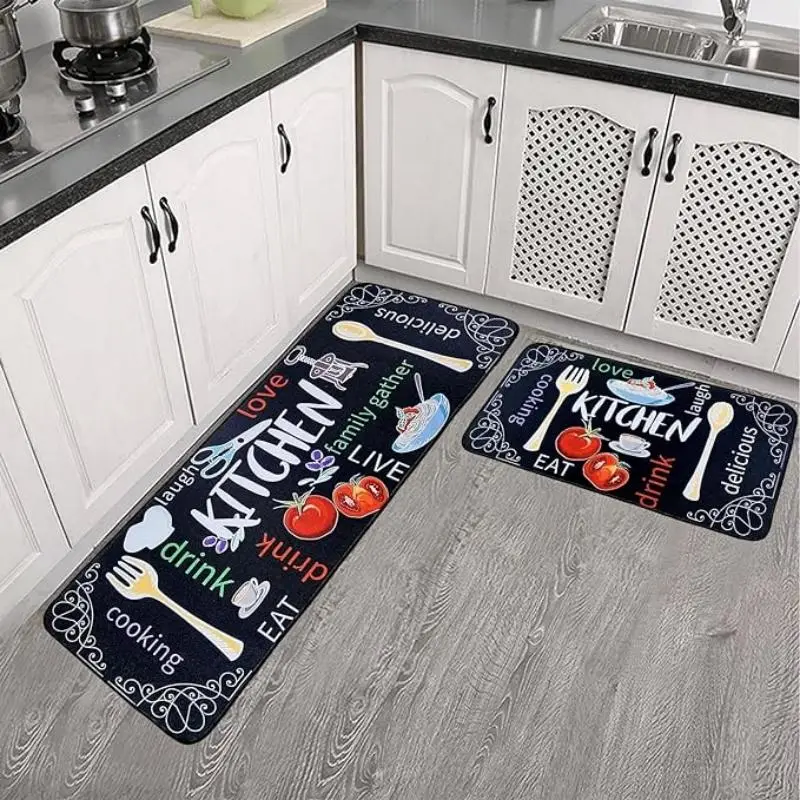 Cutlery Pattern Kitchen Mat, 2 Counts/set Non-slip Kitchen Rug, Room Decor Waterproof Kitchen Floor Mat, Washable Kitchen Rugs, Kitchen Decoration, Ho