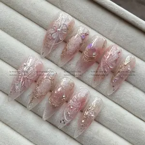 Romantic Fairy Press-On Nails, Handmade 3D Nail Art with Pearls, Crystals Dreamy Detail