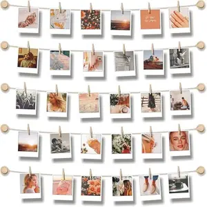 BIZYAC Hanging Photo Display Room Wall Decor - Sculptural Picture Frames Collage - 5 Strings with 30 Clips - 3M Self Adhesive Hooks - No Holes Drilling - 30 x 30 inch
