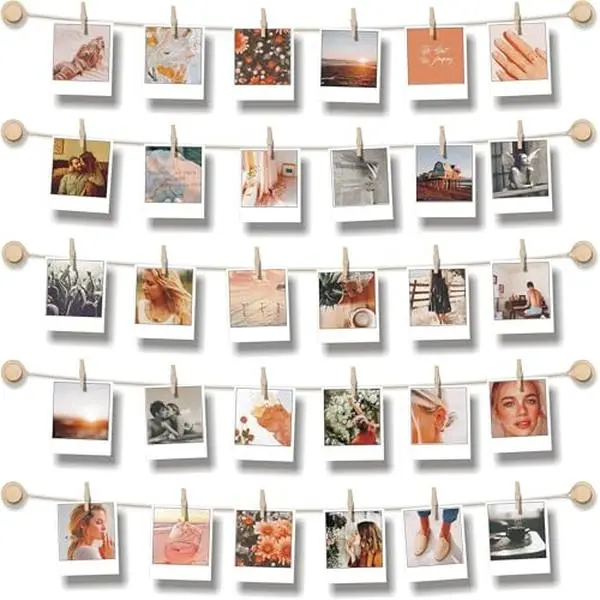 BIZYAC Hanging Photo Display Room Wall Decor - Sculptural Picture Frames Collage - 5 Strings with 30 Clips - 3M Self Adhesive Hooks - No Holes Drilling - 30 x 30 inch