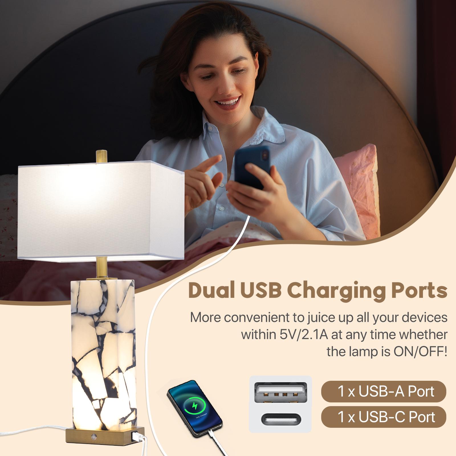 GALENTAL 25.6" Alabaster Lamp, Natural Marble Table Lamps 2 P, 3-Color Temperatures Lamp with Nightlight, Modern Table Lamp, Nightstand Lamp, Bedside Lamps with 2 USB Ports, Bedroom Lamps for Night Stands, End Table Lamps for Living Room, Bulbs Included