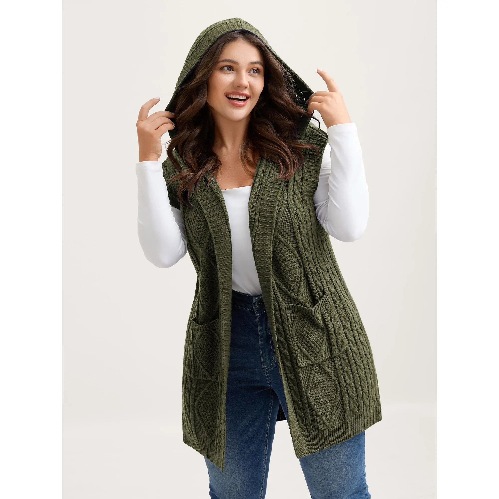 BloomChic Plus Size Sleeveless Hooded Cardigan, Solid Cable Knitting Tunic Garment, Casual Open Front Vest for Women,back to school,back to school shopping, Pocket