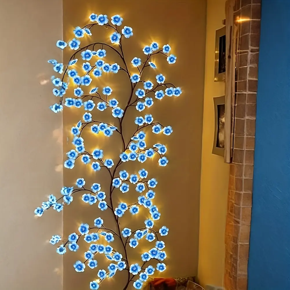 1pc Blue Cherry Blossom Vines with 72 LED Lights, Measuring 59.06inch in Length, Ideal for Embellishing Walls in Living Rooms, Celebrations, Birthdays, Weddings, Holidays, Festivals, Valentine'S Day, Mother'S Day, Easter Decor