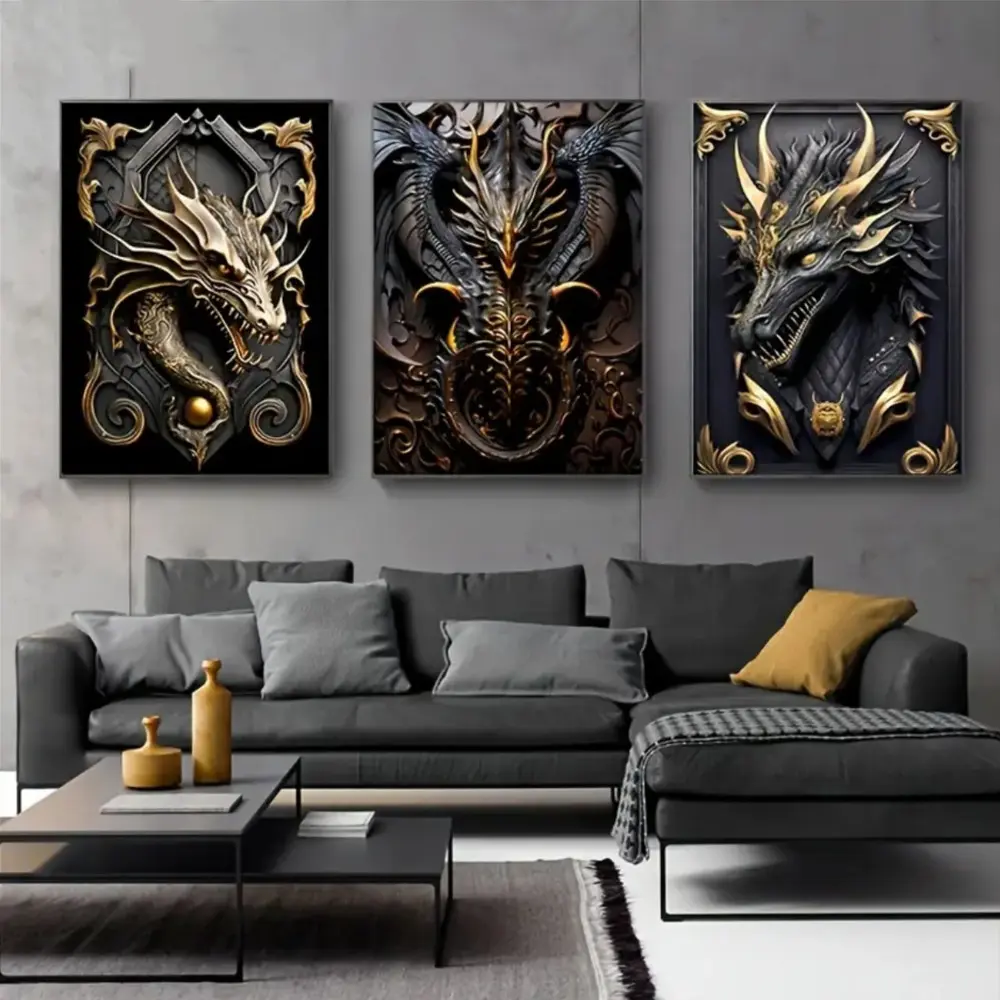3 Pieces Abstract Mighty Dragon Art Prints, Classic Dragon Totem Wall Mural, Mysterious Power Home Art, Dark Tone Gallery Decor, Rich Tone Poster, Aesthetic Wall Decor for Living Room, Study and Entertainment Room, Framed or Unframed Options Available.
