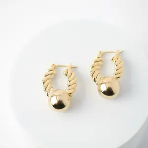 Chunky Rope Hoop Earrings with Ball 14K Gold Plated 3mm 25mm Elegant Jewelry for Women Trendy Polished Finish Lightweight Comfortable